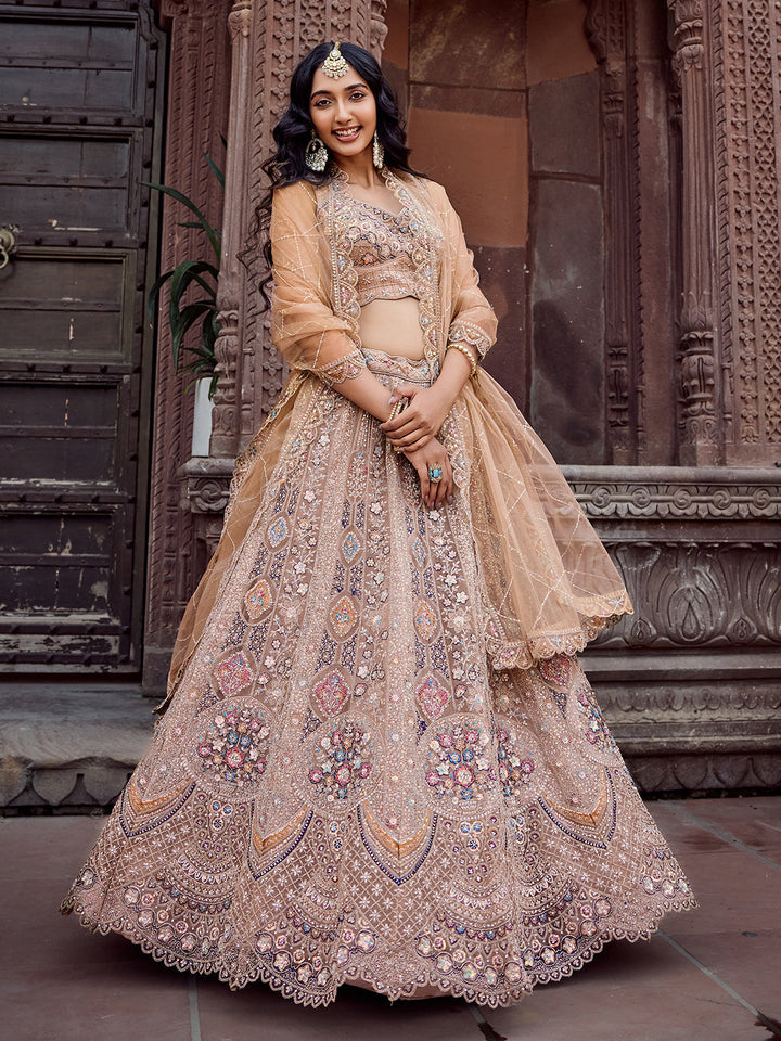BEIGE - Net Fabric Sequins embroidery Semi-Stitched Lehenga & Unstitched Blouse With Dupatta
