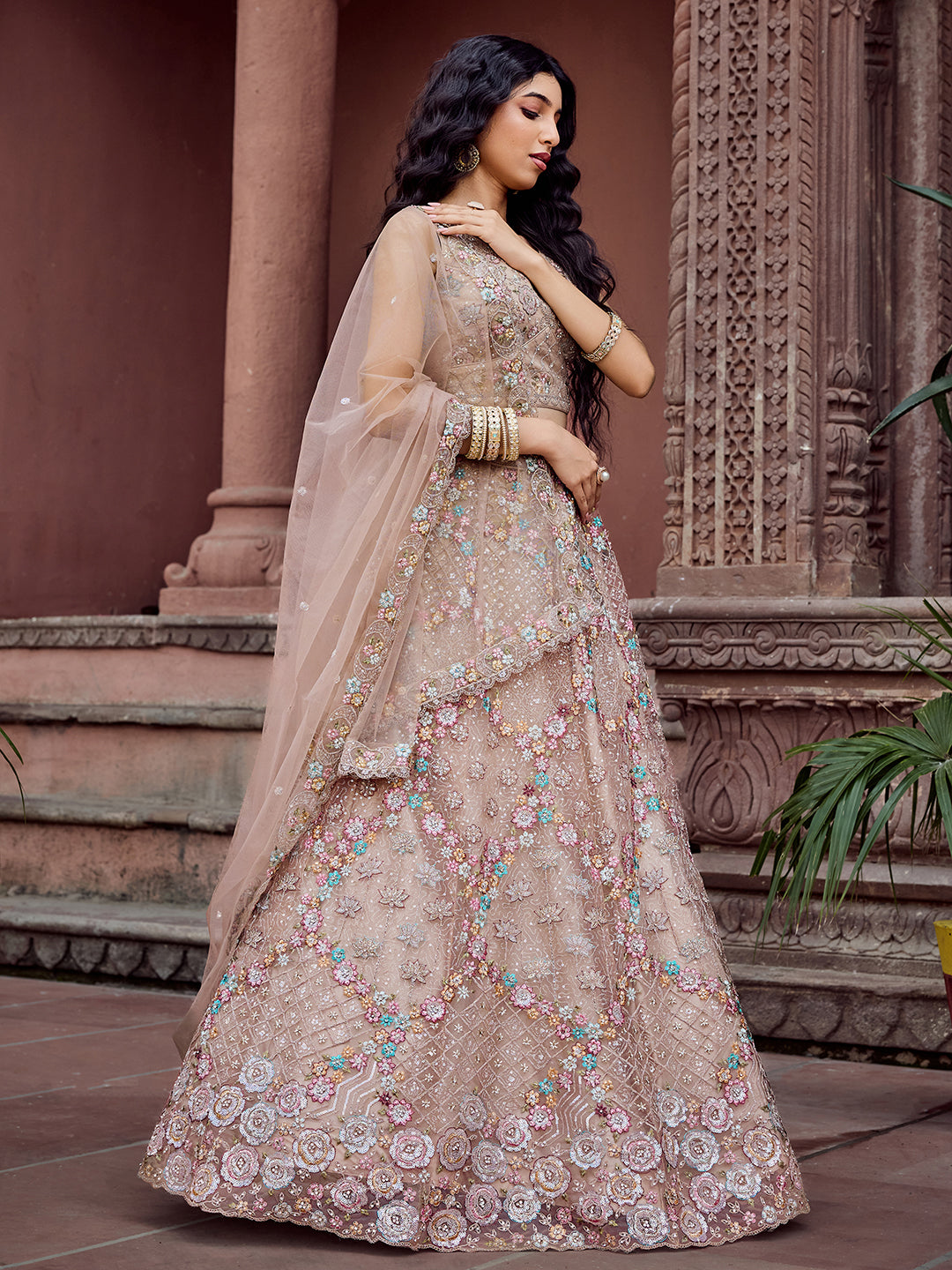BAIGE - Net Fabric Sequins embroidery Semi-Stitched Lehenga & Unstitched Blouse With Dupatta