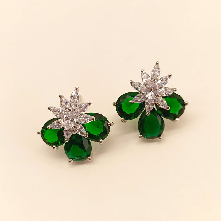  Fashionable semi-precious green emerald stone studs on silver plated brass metal tops 