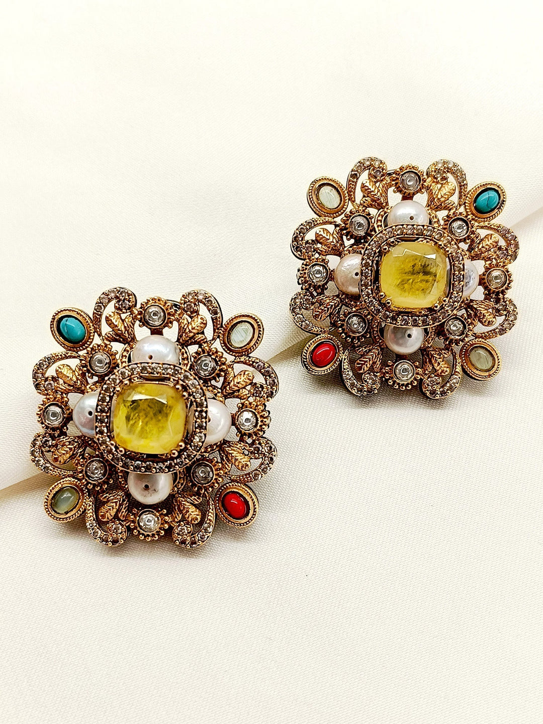 Viha Navaratna Victorian Tops crafted with gold and black polish brass metal, adorned with delicate Navaratna stones back clip-on, a timeless elegance for any occasion