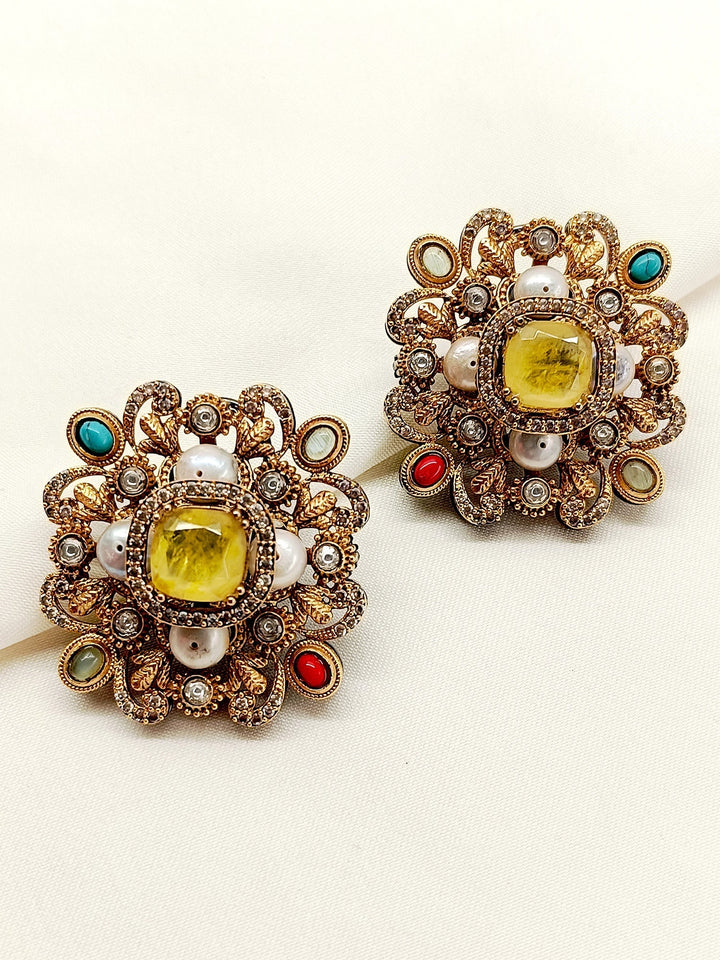 Viha Navaratna Victorian Tops crafted with gold and black polish brass metal, adorned with delicate Navaratna stones back clip-on, a timeless elegance for any occasion