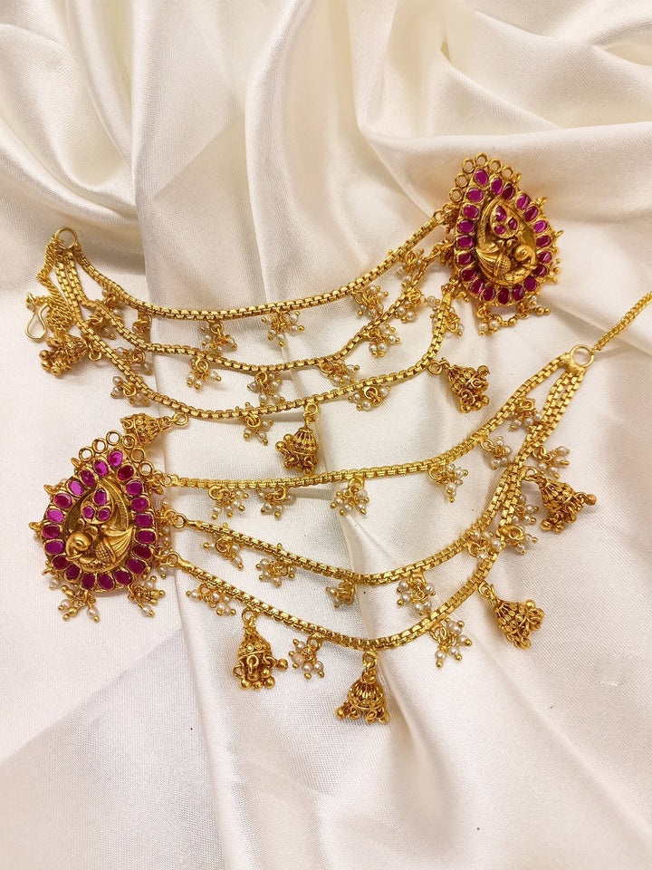 Antique Temple Chain Earrings with Three Strings Gold Chain and Jhumki Hanging Chain