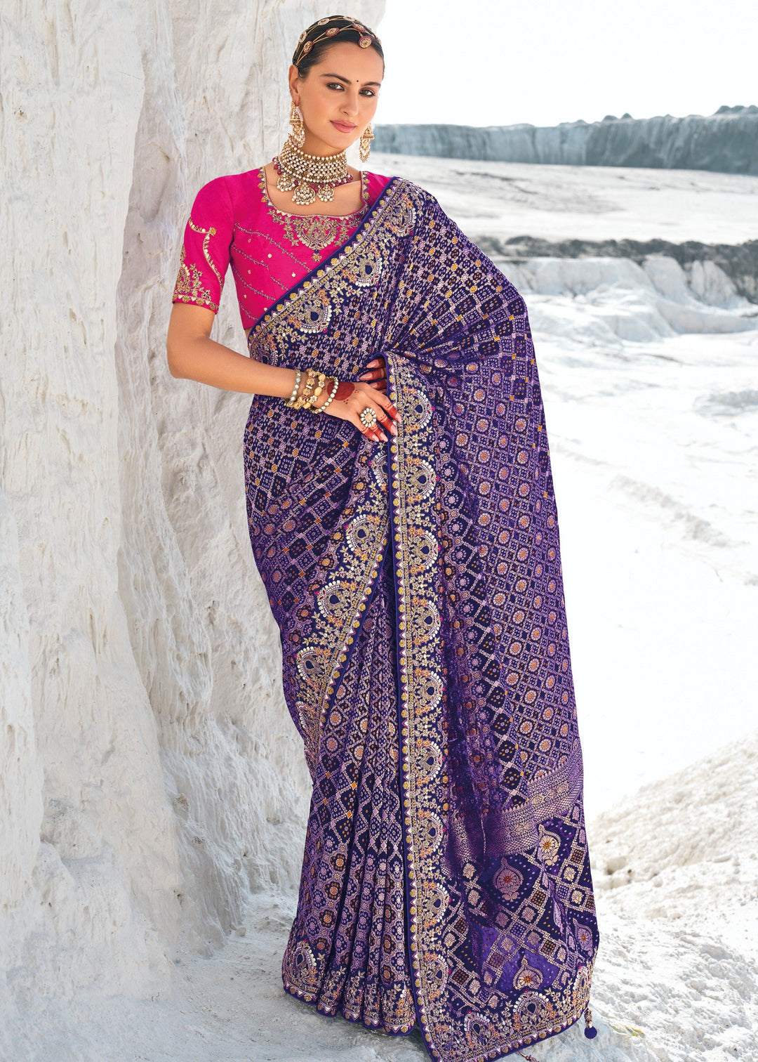 Berry Blue Pure Georgette Bandhani Patola With Zari Weaving Heavy Work Saree - qivii