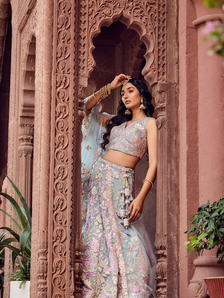 TURQUOISE BLUE - Net Fabric Sequins embroidery Semi-Stitched Lehenga & Unstitched Blouse With Dupatta