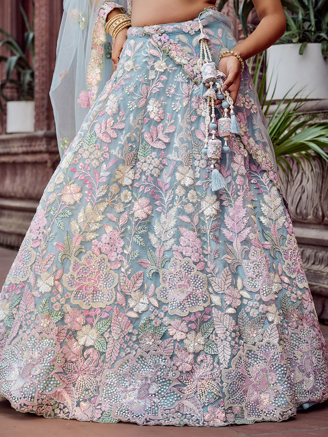 TURQUOISE BLUE - Net Fabric Sequins embroidery Semi-Stitched Lehenga & Unstitched Blouse With Dupatta