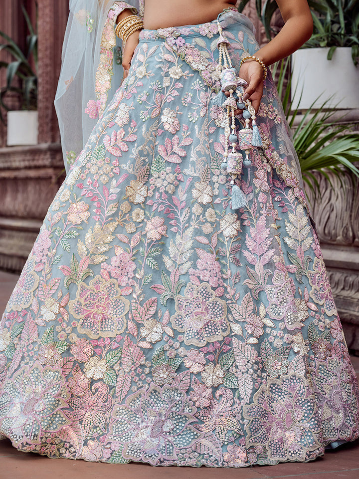 TURQUOISE BLUE - Net Fabric Sequins embroidery Semi-Stitched Lehenga & Unstitched Blouse With Dupatta