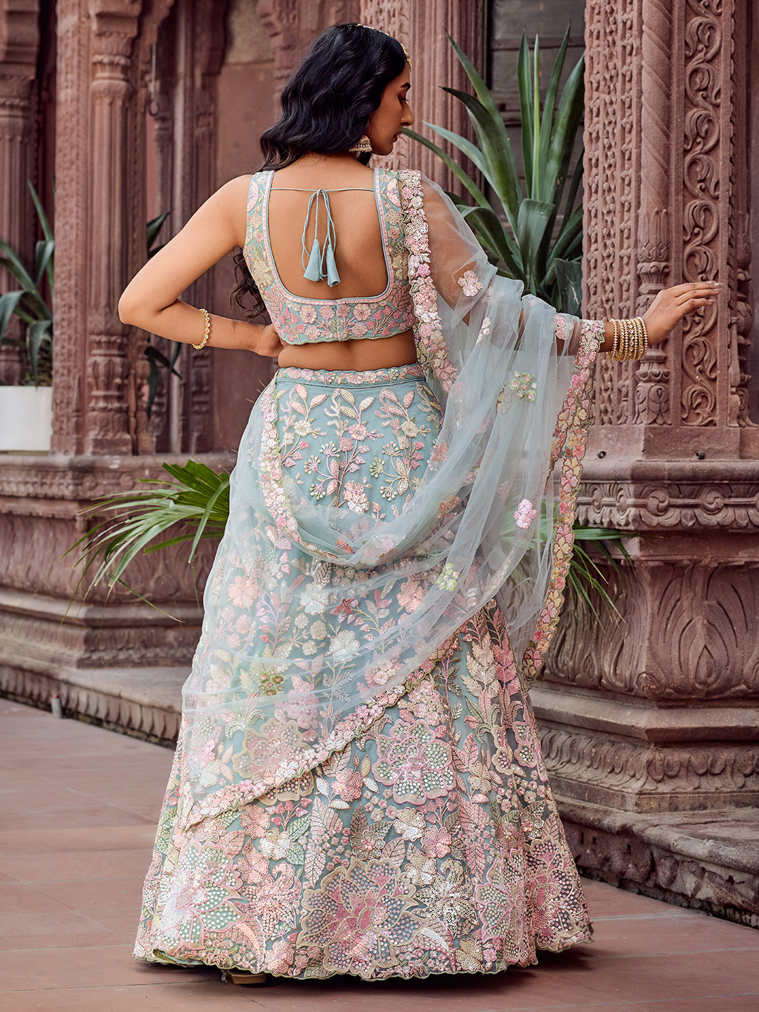 TURQUOISE BLUE - Net Fabric Sequins embroidery Semi-Stitched Lehenga & Unstitched Blouse With Dupatta