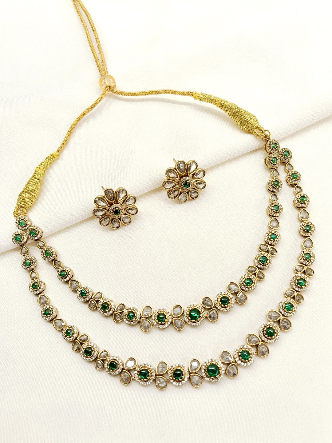 Yuka Green Double layered Polki Necklace Set - qivii