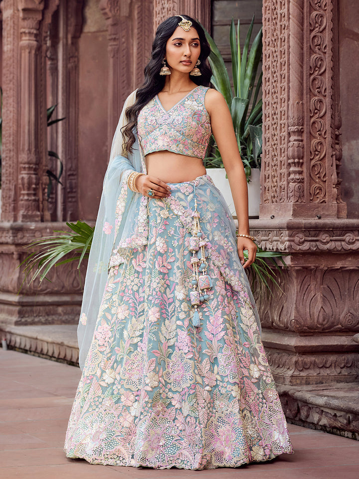 TURQUOISE BLUE - Net Fabric Sequins embroidery Semi-Stitched Lehenga & Unstitched Blouse With Dupatta
