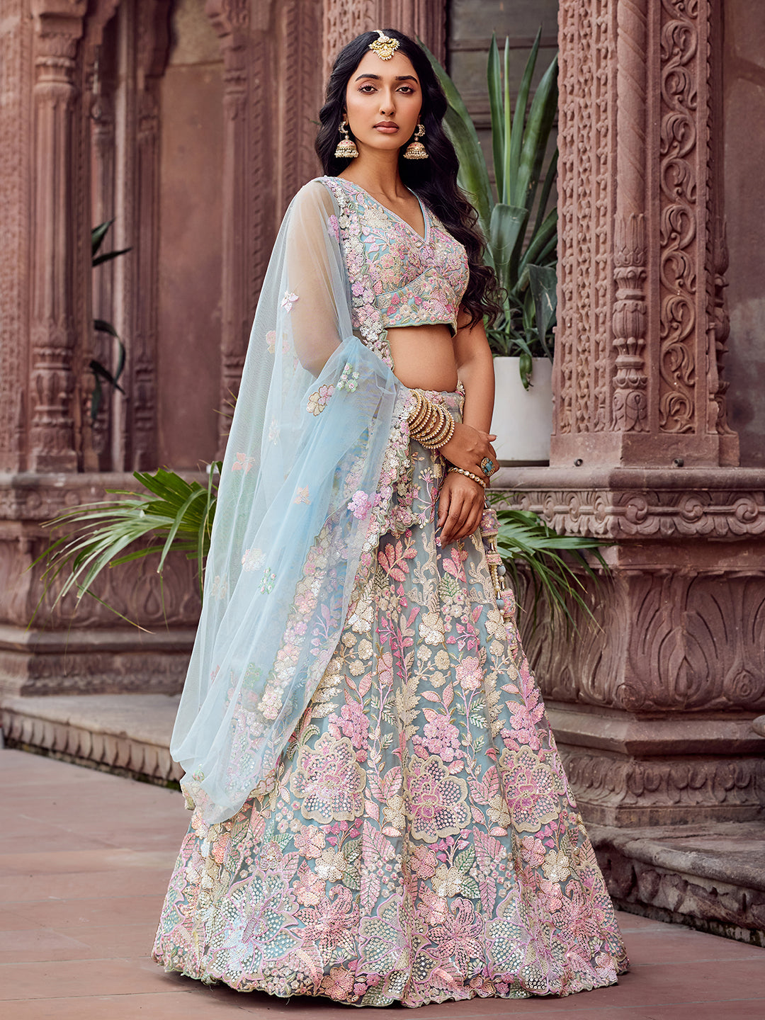 TURQUOISE BLUE - Net Fabric Sequins embroidery Semi-Stitched Lehenga & Unstitched Blouse With Dupatta