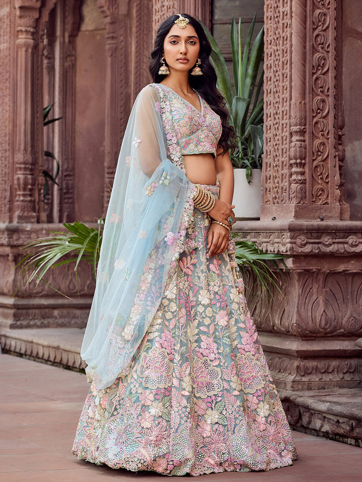 TURQUOISE BLUE - Net Fabric Sequins embroidery Semi-Stitched Lehenga & Unstitched Blouse With Dupatta