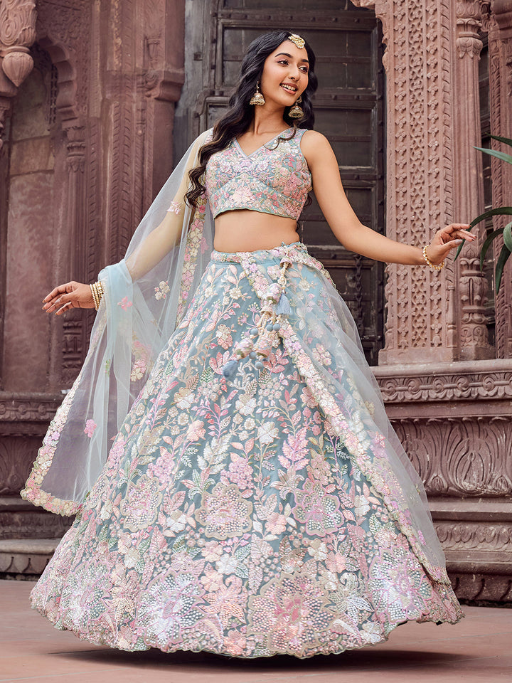 TURQUOISE BLUE - Net Fabric Sequins embroidery Semi-Stitched Lehenga & Unstitched Blouse With Dupatta