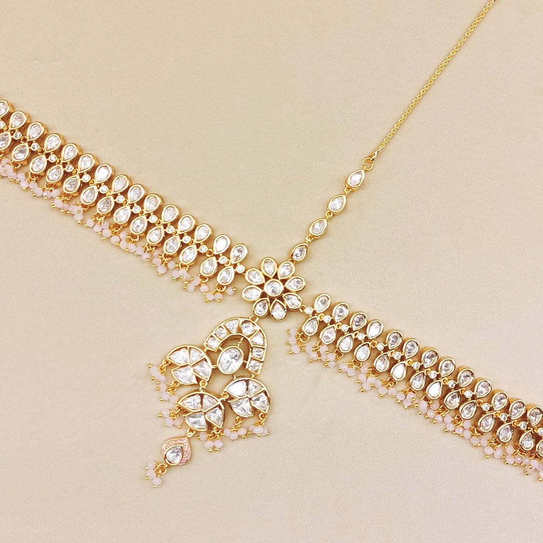 Mira Gold Plated Baby Pink Kundan Mathapatti - qivii