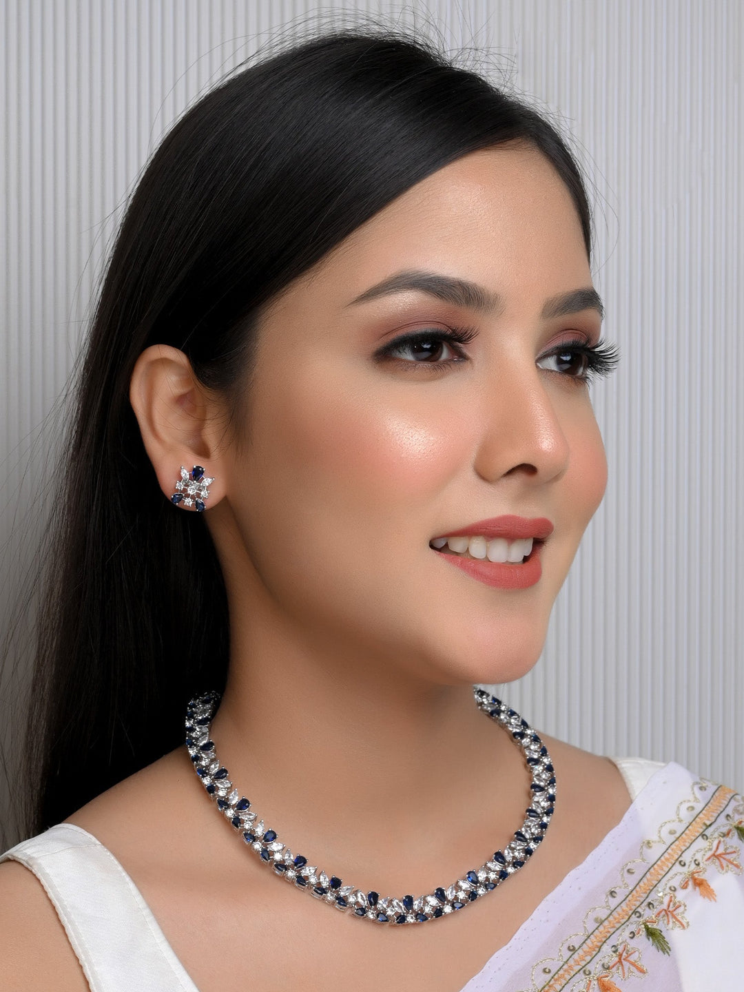 American Diamond Neckline With Blue Sapphire Stones And Fancy Cut Shape Diamonds 