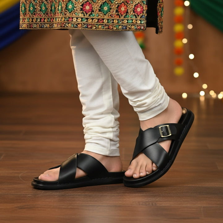 SKEROO 6408 Men's BLACK Chappal/Flip flop/Slipper Extra Soft Chappal Slipper Ethnic Wear Leather With Adjustable Buckle Strap Navratri Fashion Footwear. - qivii