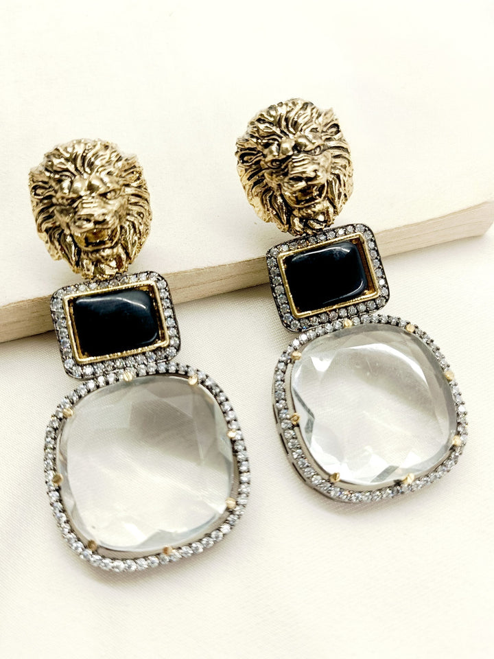 Black Victorian earrings with lion motifs, made with black polish brass metal and accented with American diamond setting, perfect for any occasion 
