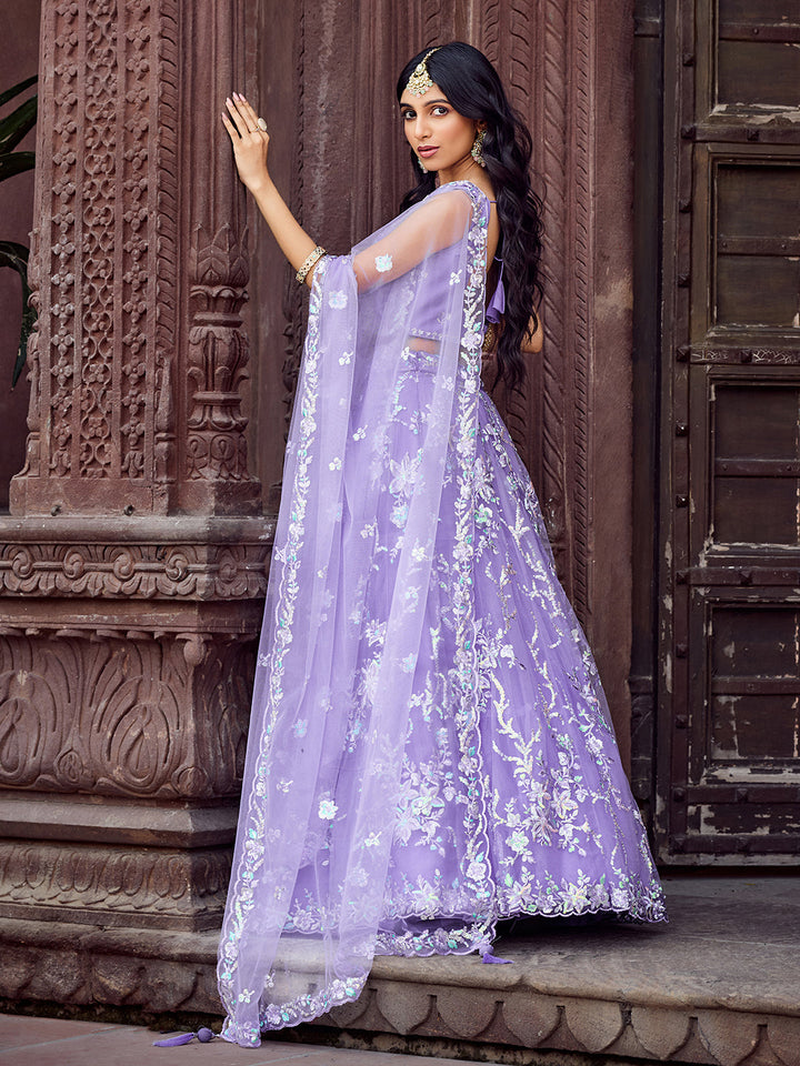 MAUVE - Net Fabric Sequins embroidery Semi-Stitched Lehenga & Unstitched Blouse With Dupatta