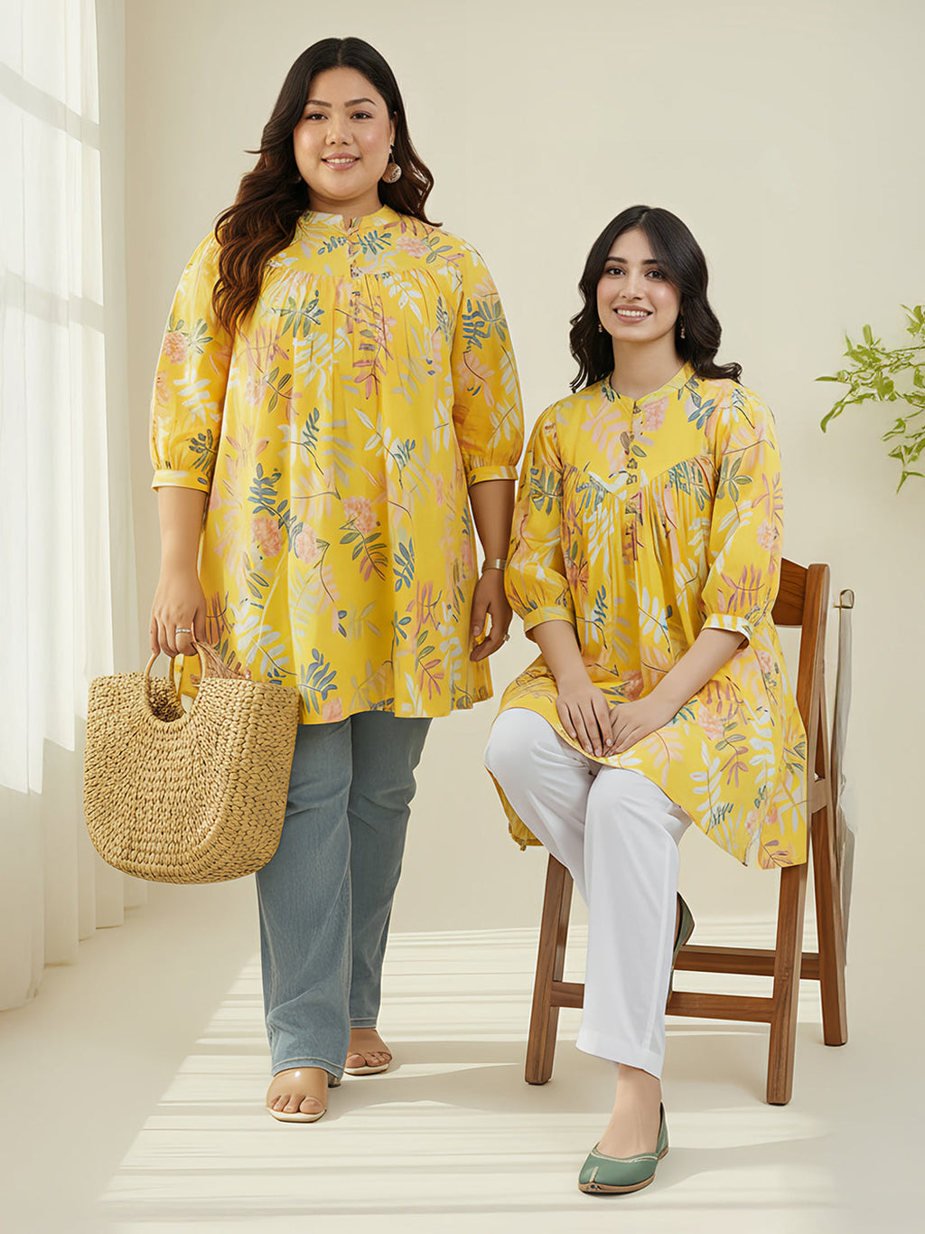 Yellow Cotton Trophical Gathered Tunic