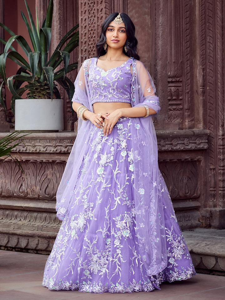 MAUVE - Net Fabric Sequins embroidery Semi-Stitched Lehenga & Unstitched Blouse With Dupatta