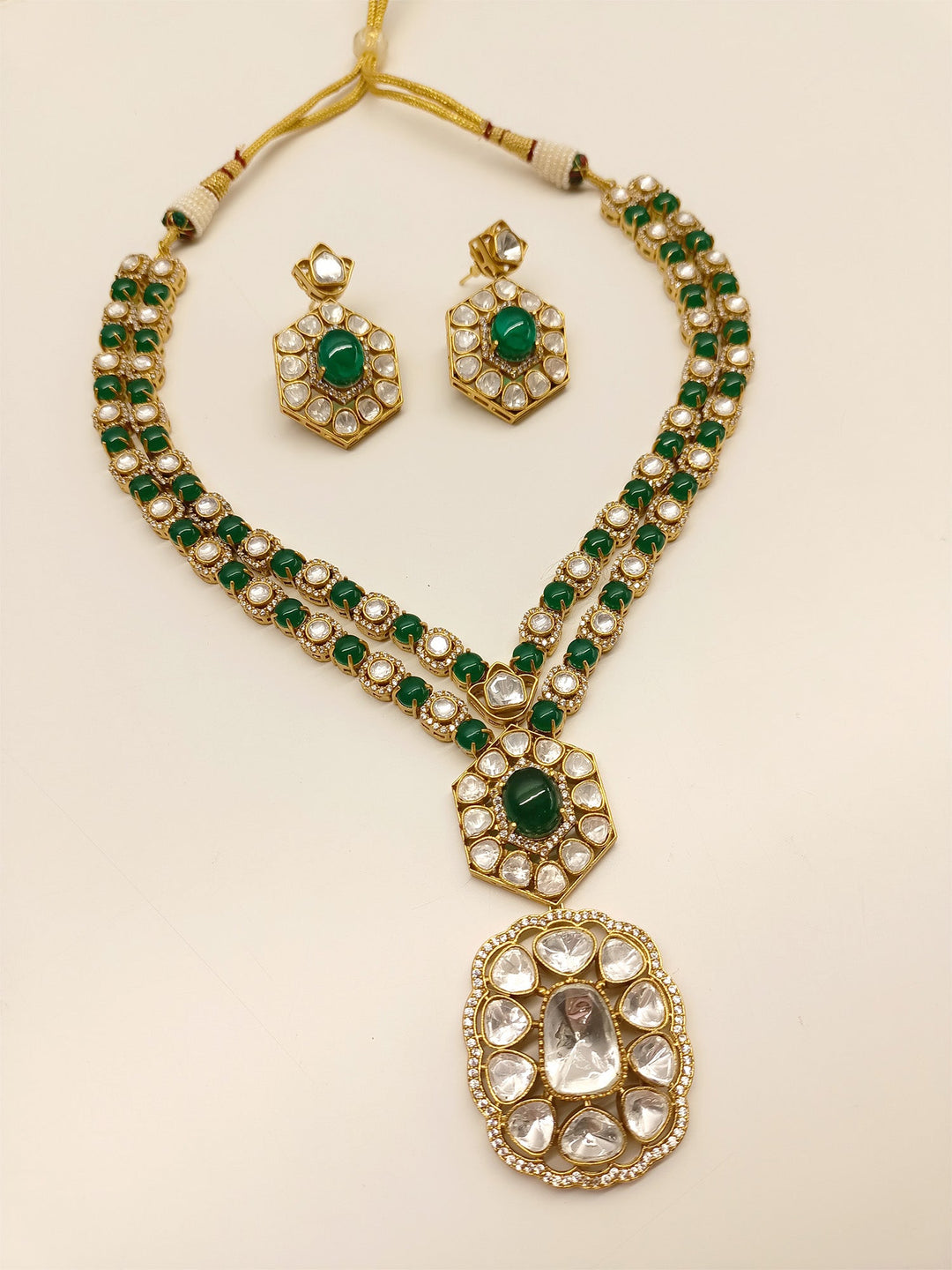 Ahti Emerald Long Kundan Polki Set - qivii