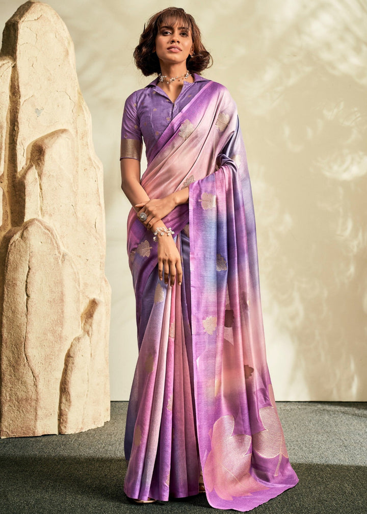 Deep Lilac Purple Handloom Khadi Silk with Digital Print - qivii
