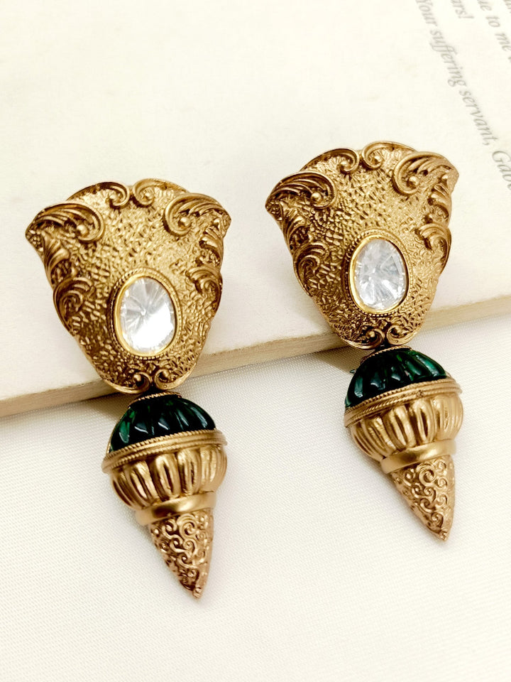 Dayamai Green Victorian Earrings crafted with antique gold plated brass metal, adorned with delicate Kundan stone, perfect for any occasion 