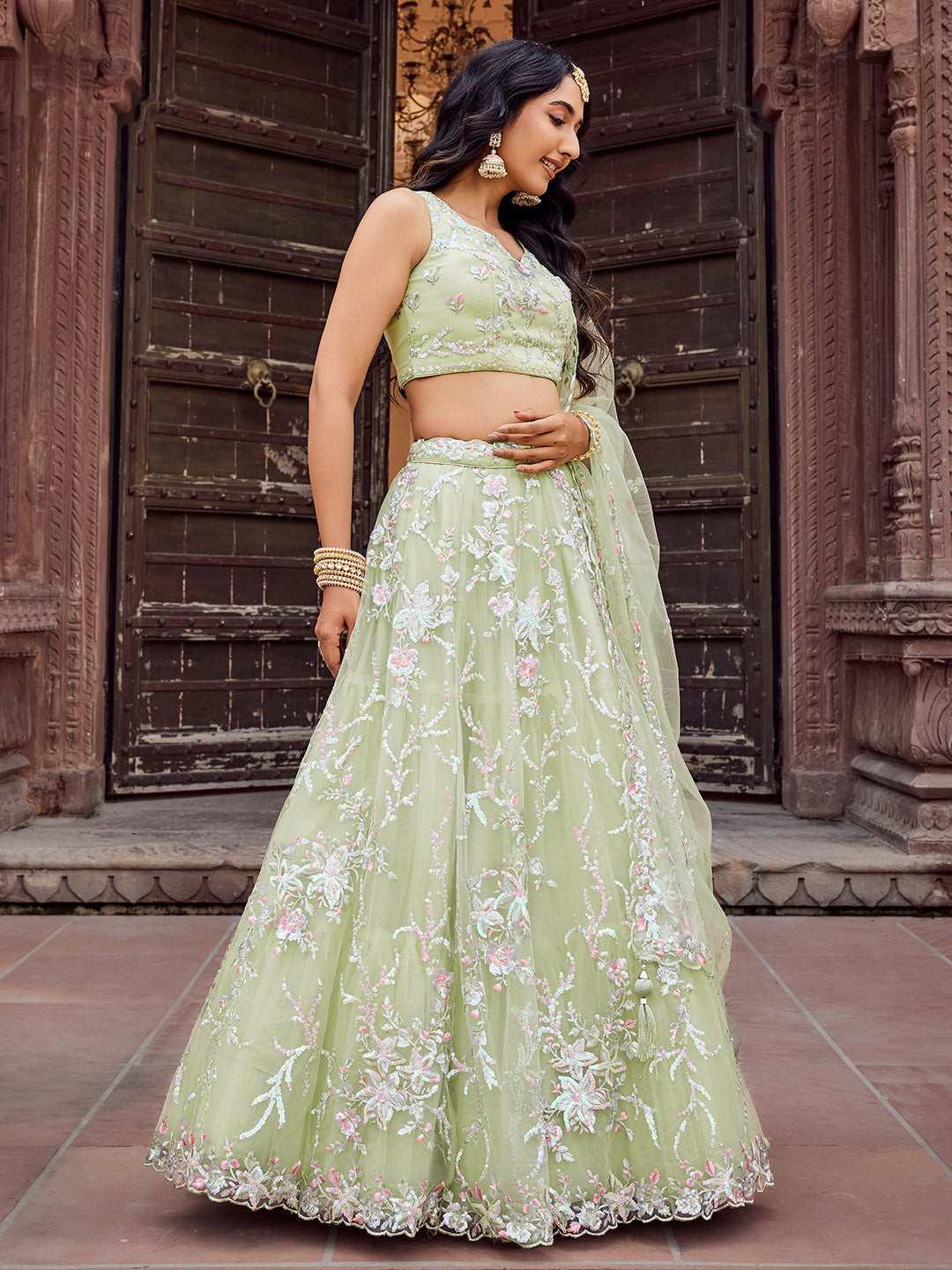 LIMEGREEN - Net Fabric Sequins embroidery Semi-Stitched Lehenga & Unstitched Blouse With Dupatta