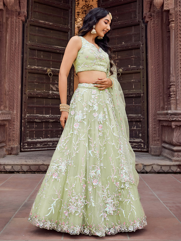 LIMEGREEN - Net Fabric Sequins embroidery Semi-Stitched Lehenga & Unstitched Blouse With Dupatta