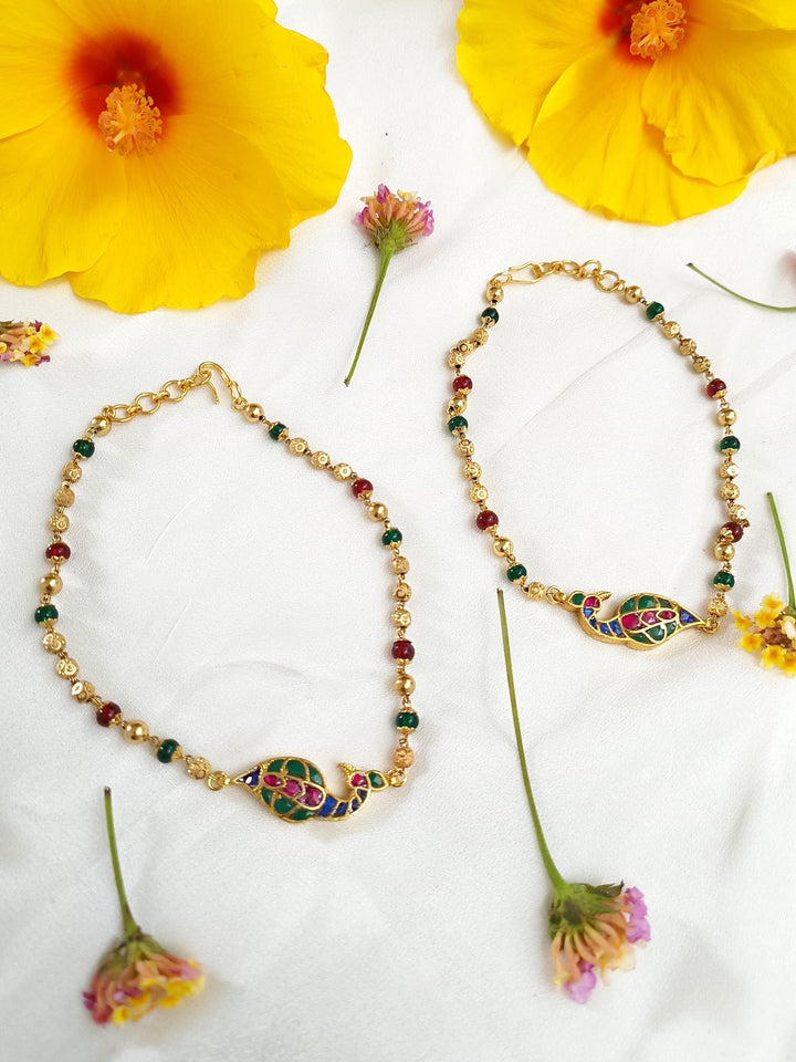 Kalista Multi Colour Peacock Kundan Anklet - qivii