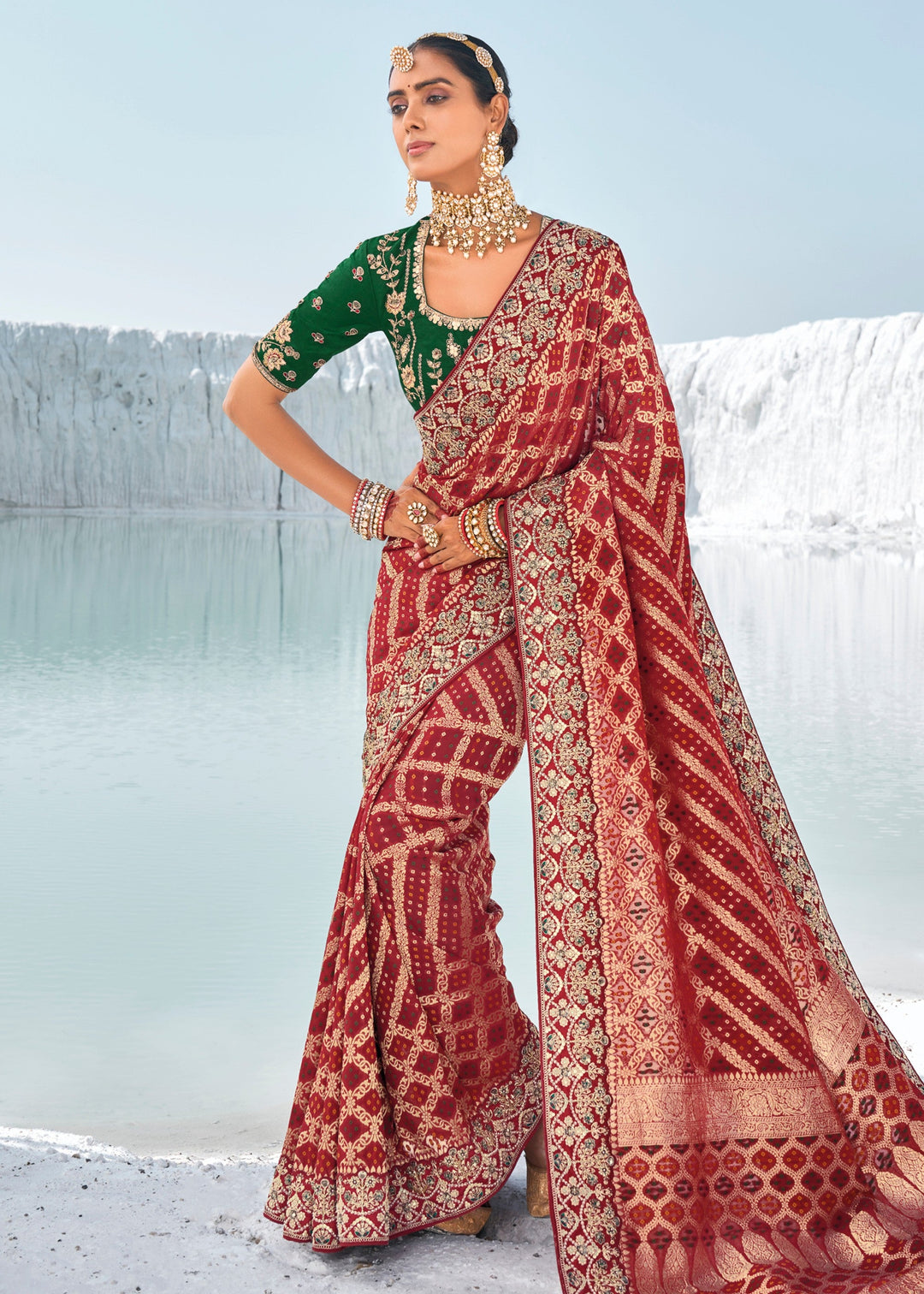 Maroon Pure Georgette Bandhani Patola With Zari Weaving Heavy Work Saree - qivii