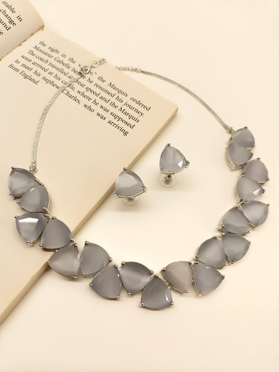  Gray American Diamond necklace and earrings set with sparkling stones and silver plated brass metal 