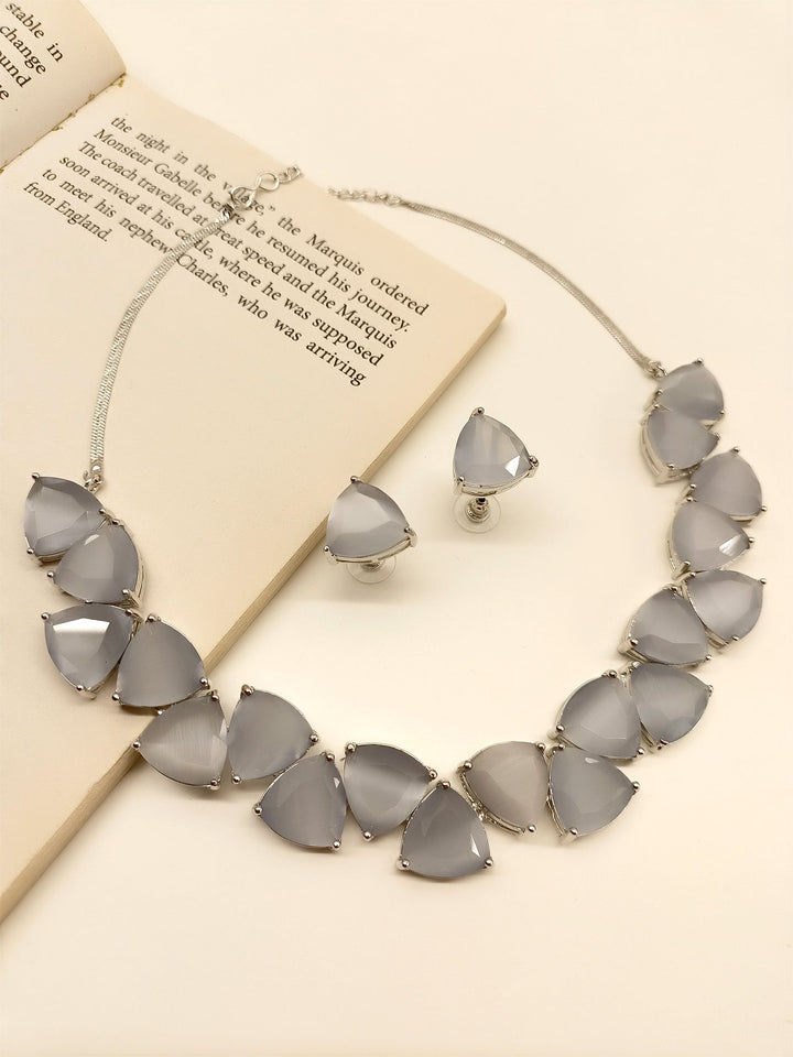  Gray American Diamond necklace and earrings set with sparkling stones and silver plated brass metal 