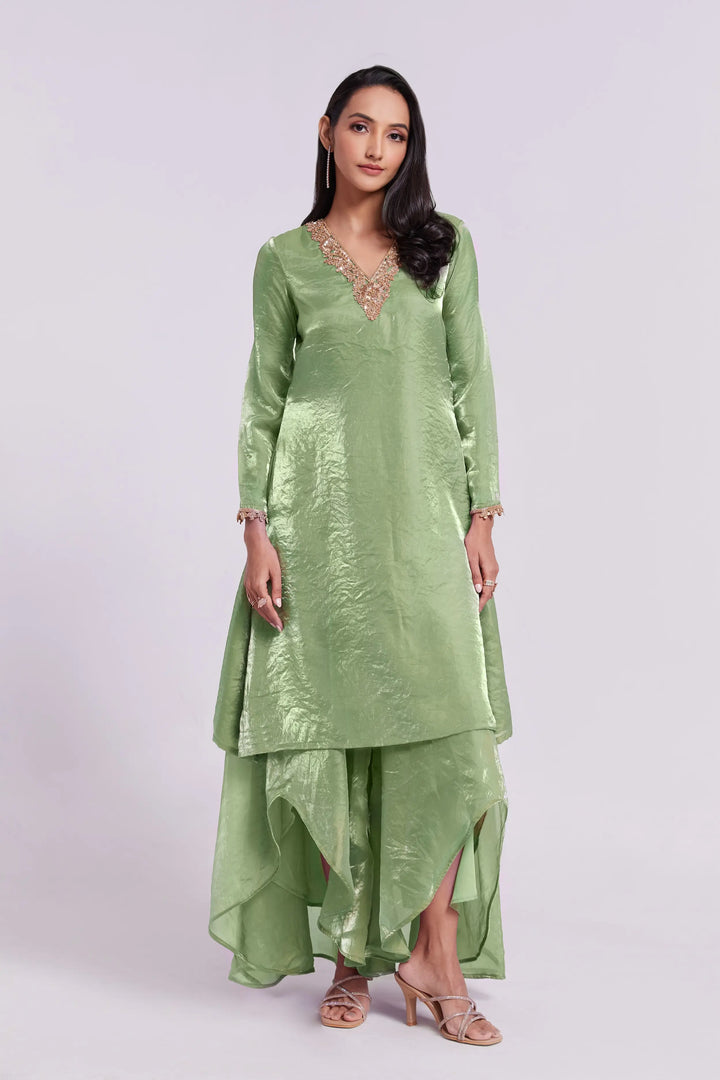 Pista Green Pure Organza Salwar Suit With Handwork - qivii