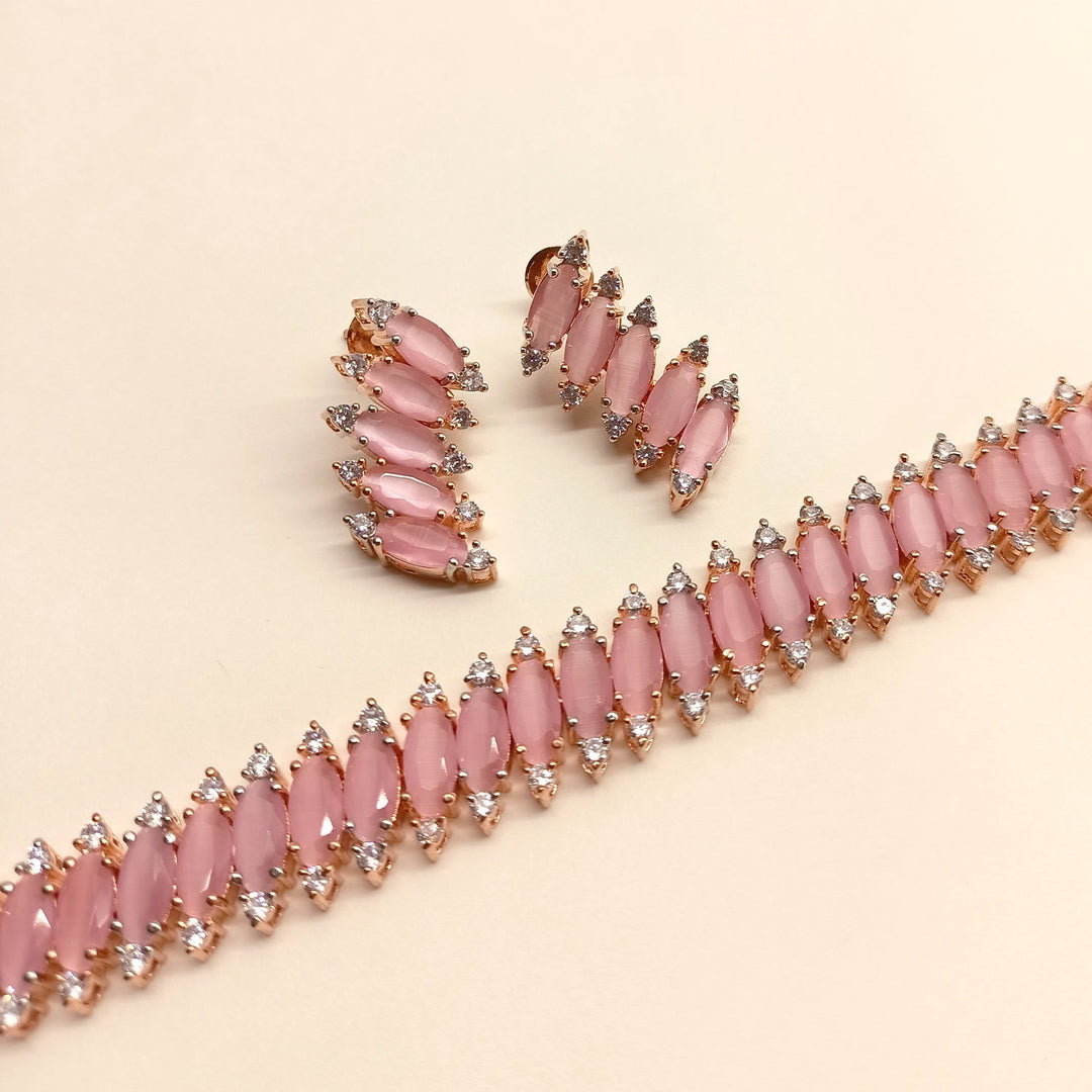  Stunning design of pink American diamond rose gold plated necklace set