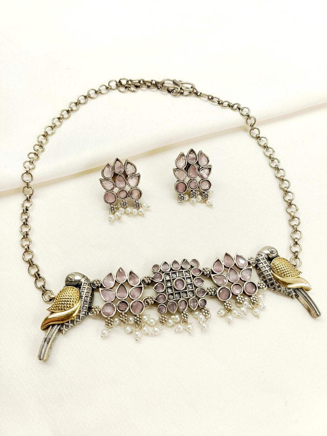 Rish Baby Pink Peacock Oxidized Choker Set - qivii