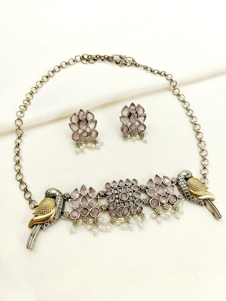 Rish Baby Pink Peacock Oxidized Choker Set - qivii