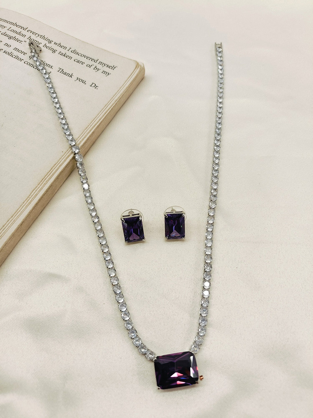 Anric Lavender American Diamond Necklace Set - qivii