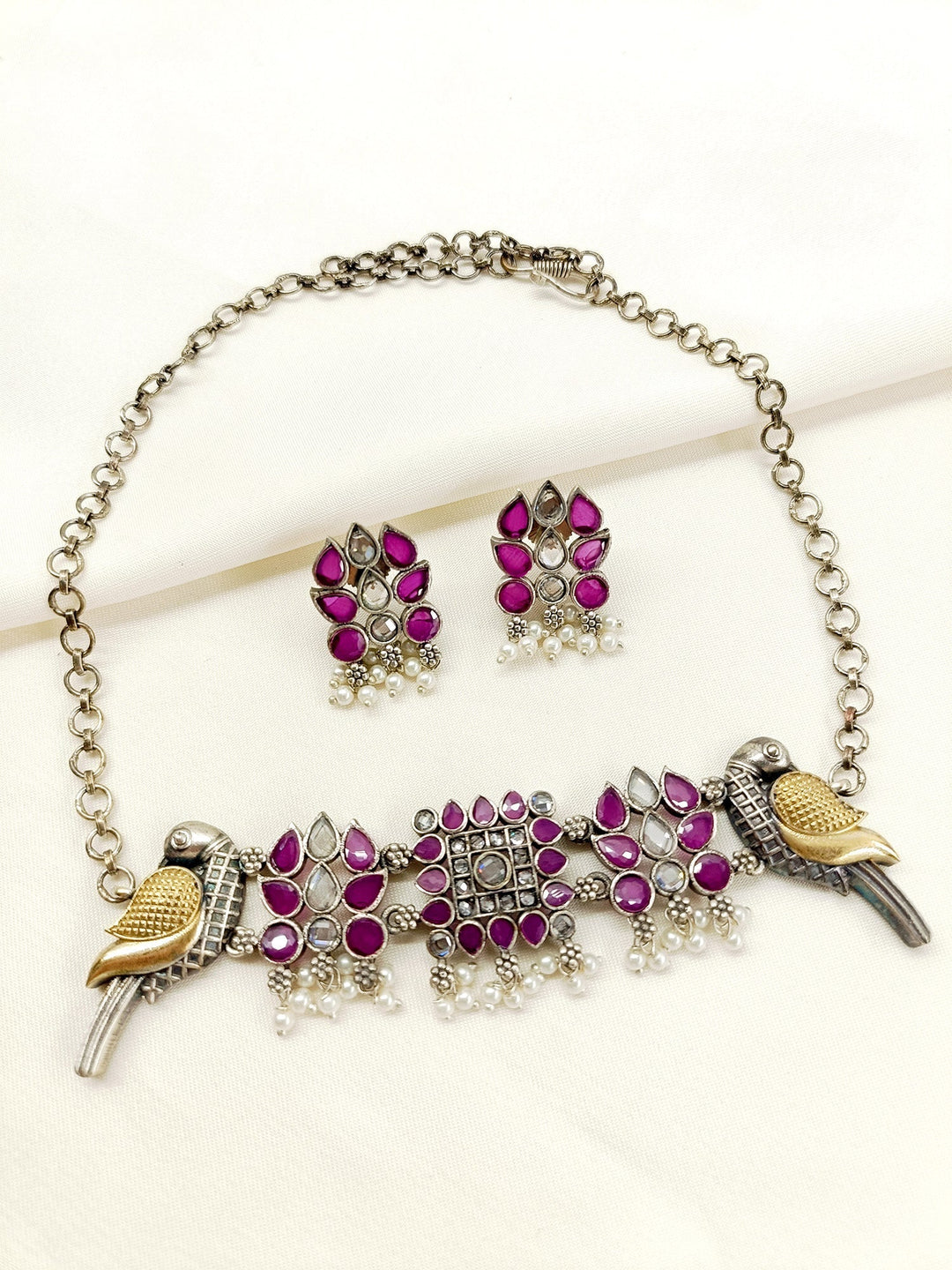 Annabelle Ruby Peacock Oxidized Choker Set - qivii