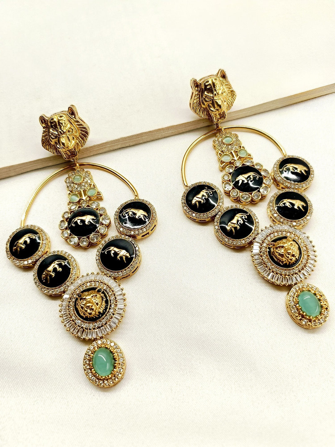 Yasmin Mint Green Long Boutique Earrings with Traditional Lion Motifs and Gold Plated Brass Metal 