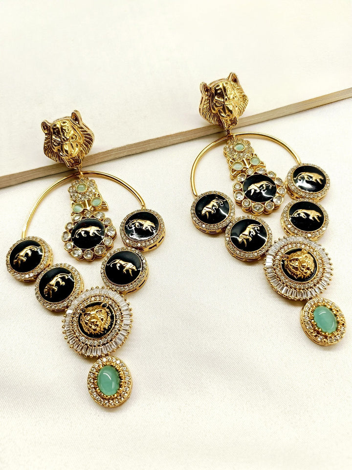 Yasmin Mint Green Long Boutique Earrings with Traditional Lion Motifs and Gold Plated Brass Metal 