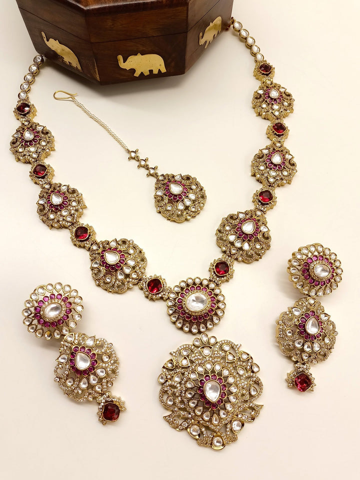 Bishakha Ruby Kundan Polki long Necklace Set - qivii