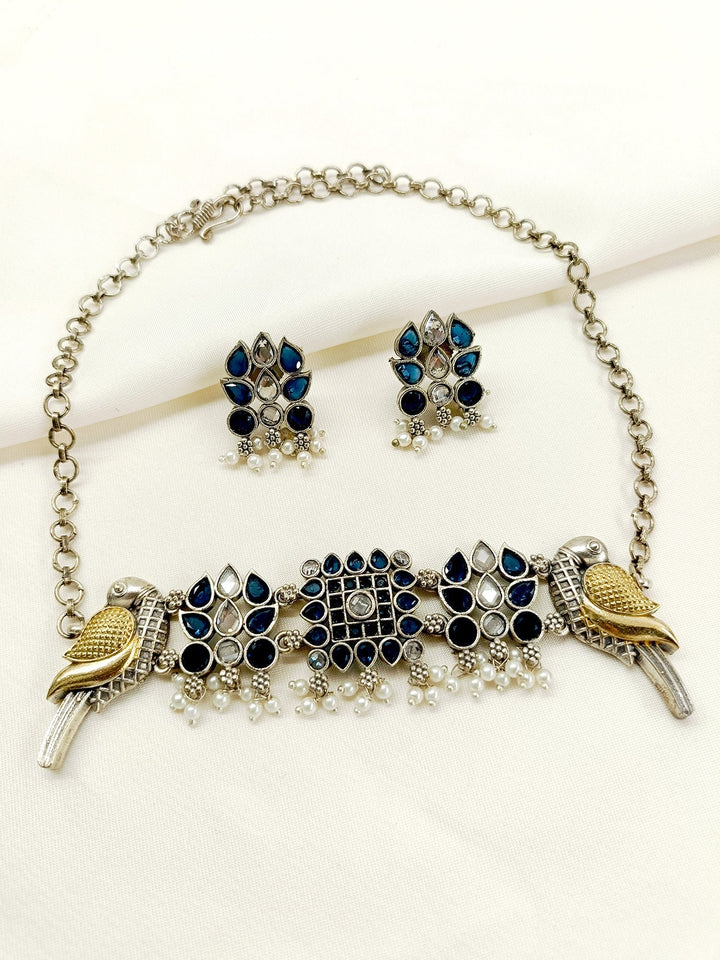 Graciya Navy Blue Peacock Oxidized Choker Set - qivii