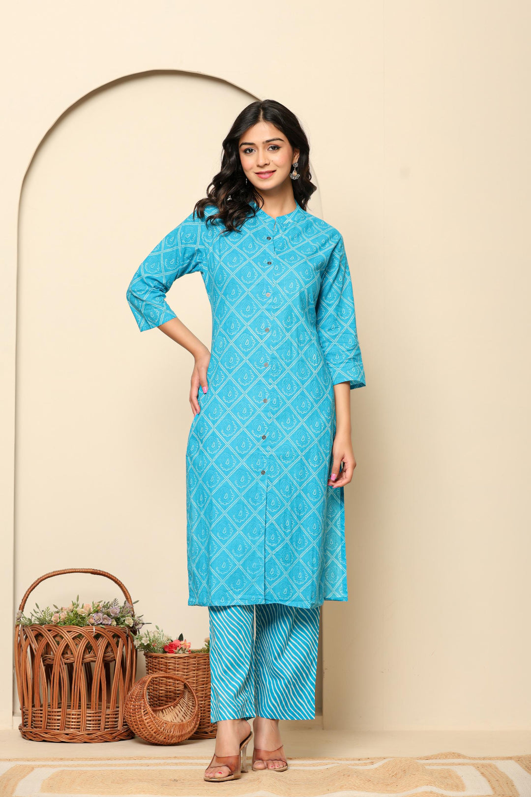Blue Printed Cotton Kurta Set - qivii