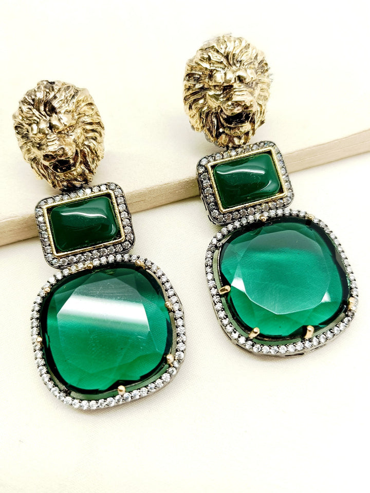 Parini Green Victorian Earrings with Lion Motifs and American Diamond Setting 