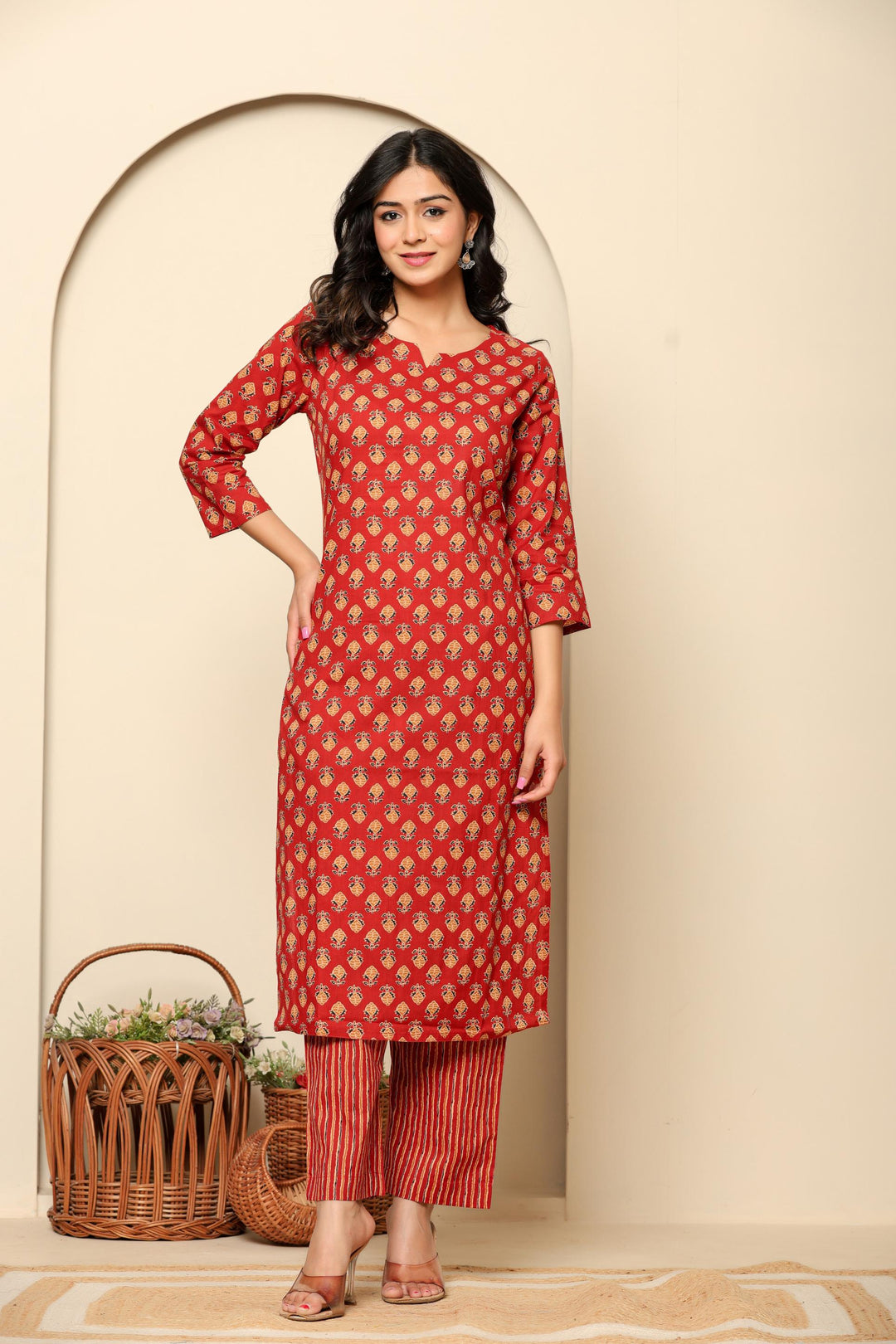 Red Printed Cotton Kurta Set - qivii