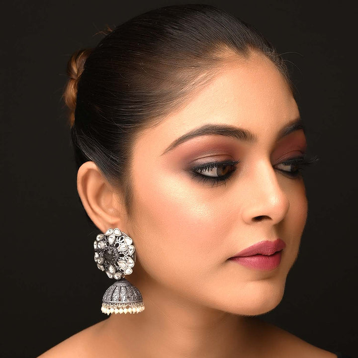 Meenal Charcoal Stone Silver Plated Boutique Jhumki - qivii