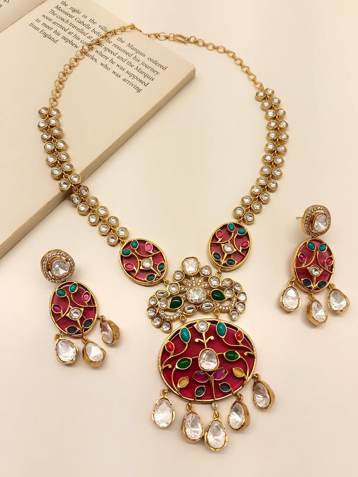  Gorgeous and eye-catching multi colour boutique necklace set with gold plated brass metal 