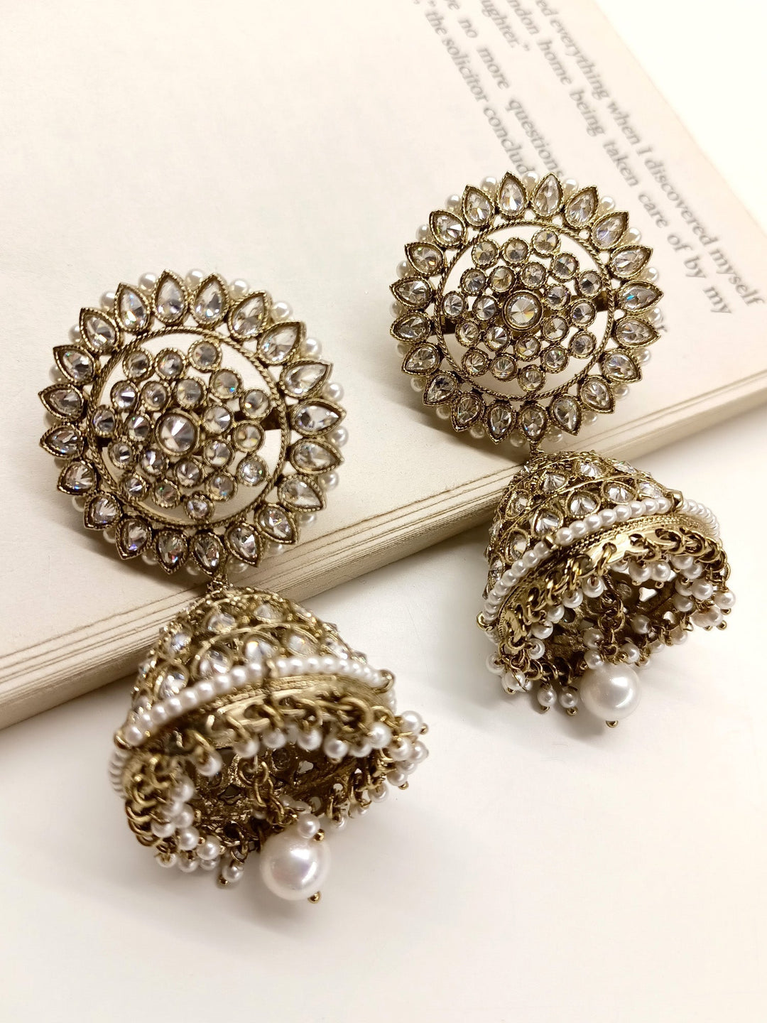 Vrinya White Polki Jhumki with Antique Gold Plated Brass Metal and Pearl Hanging