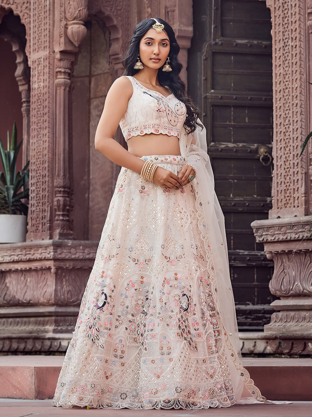 CREAM - Net Fabric Sequins embroidery Semi-Stitched Lehenga & Unstitched Blouse With Dupatta