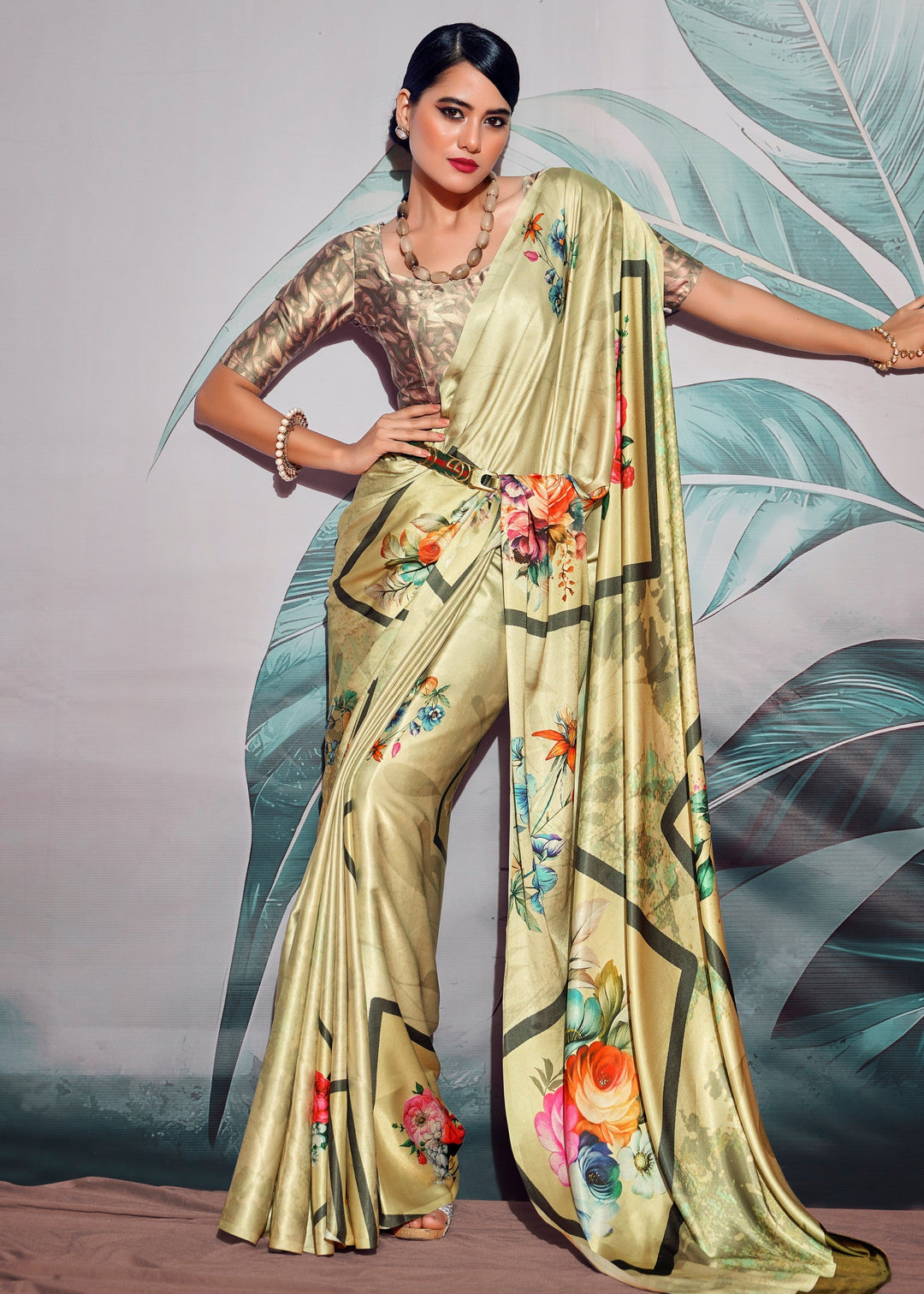 Light Green Satin Crepe With Digital print - qivii